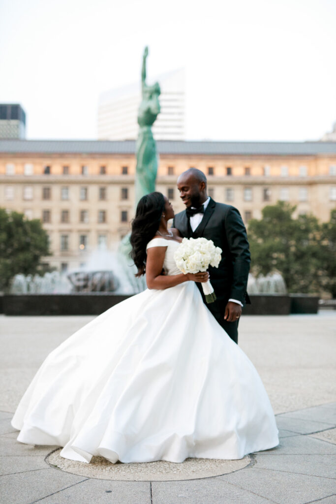 bride and groom in the sunset