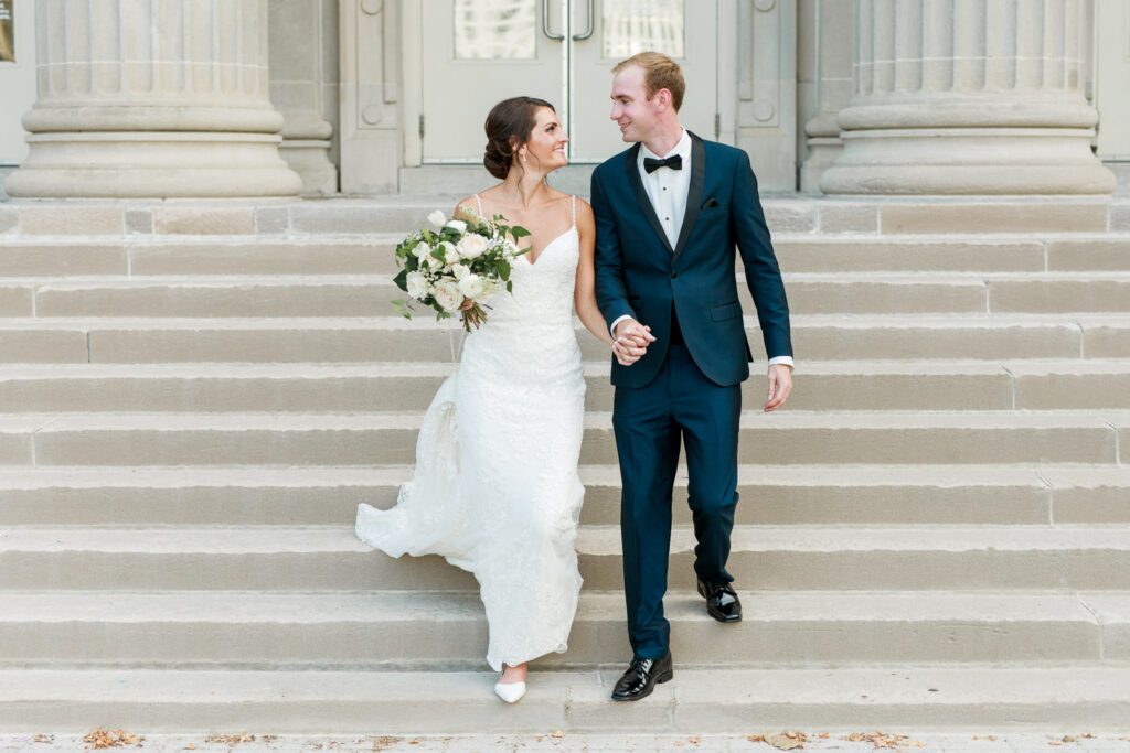 bride and groom defend steps at The Ohio Statehouse