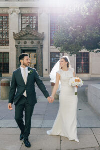 bride and groom at sunset at the leveque hotel